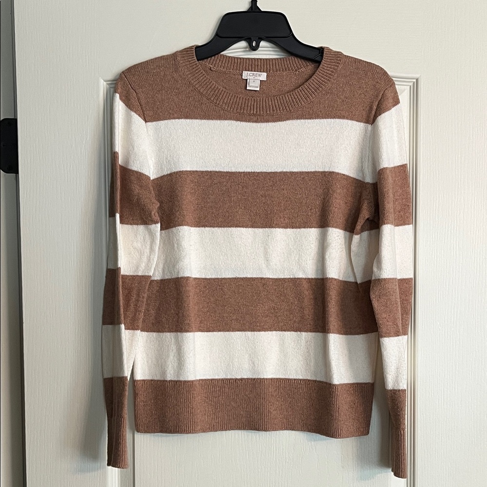 J. Crew Factory Brown and White Striped Crewneck Sweater